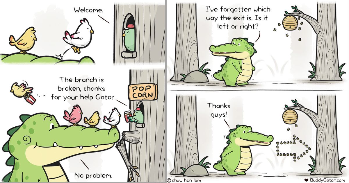 20 Buddy Gator Comics About an Alligator Who Spreads Happiness and Positive Vibes